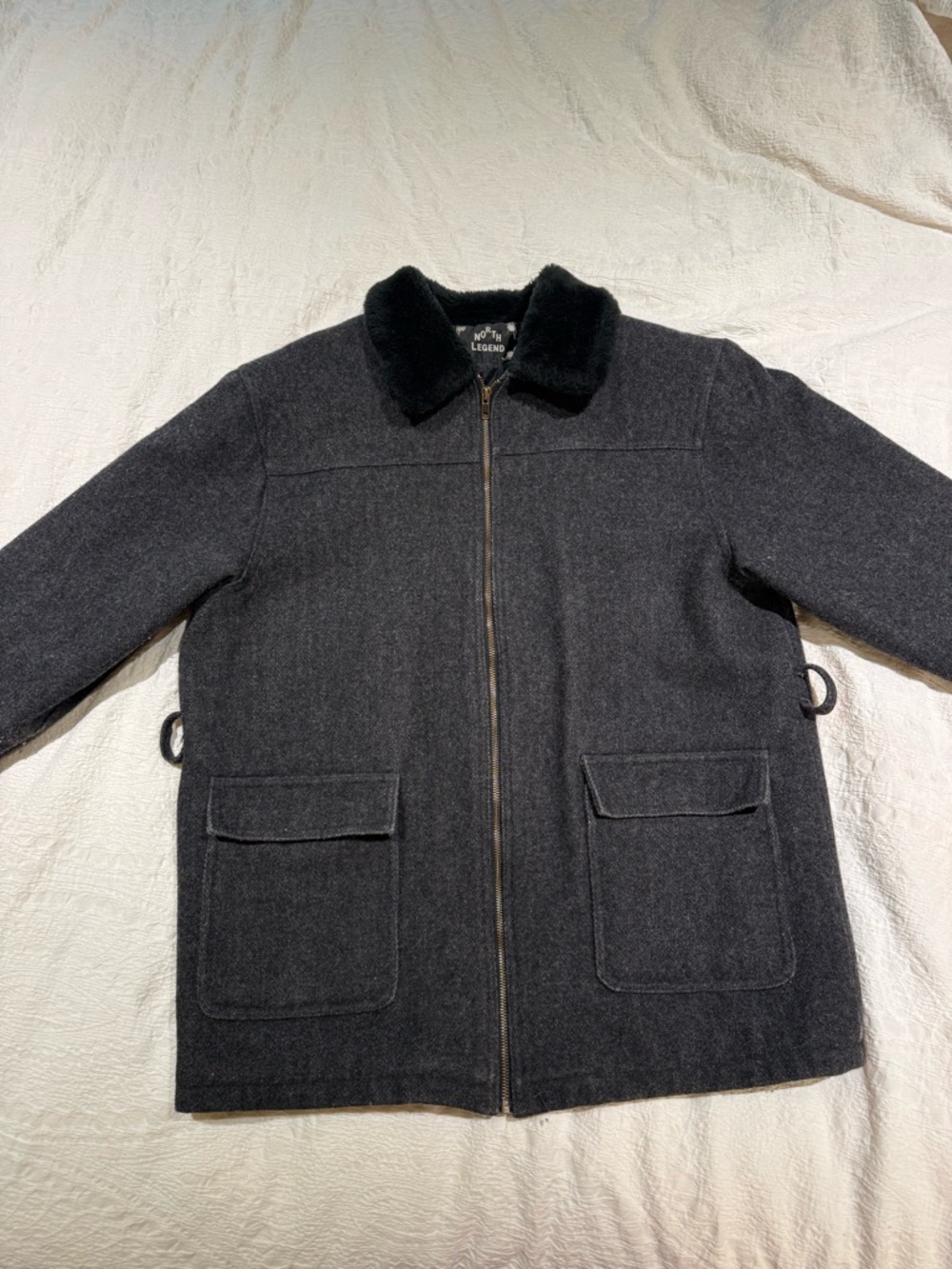 Black Wool Zip Jacket with Faux Fur Collar